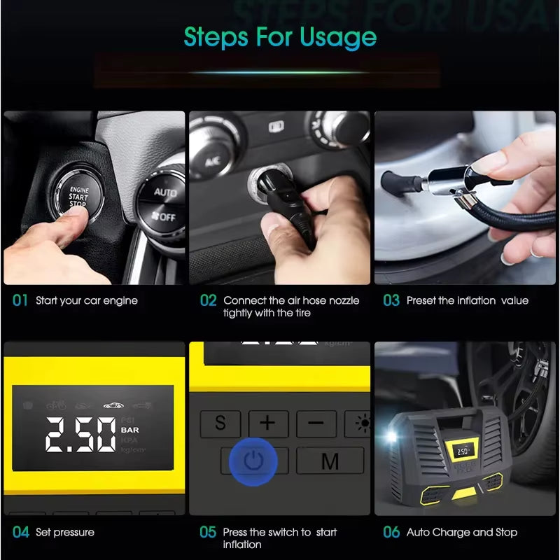 Air Compressor Portable 150PSI Tire Inflator for Car with LED Flashlight Screen Quick Inflation Pump for Car Bicycles