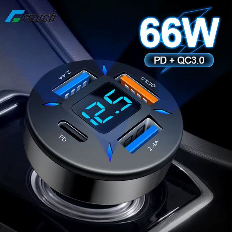 66W 4 Ports USB Car Charger Fast Charging PD Quick Charge 3.0 USB C Car Phone Charger Adapter for Iphone 13 12 Xiaomi Samsung