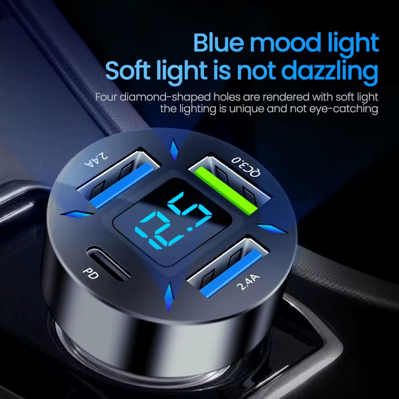 66W 4 Ports USB Car Charger Fast Charging PD Quick Charge 3.0 USB C Car Phone Charger Adapter for Iphone 13 12 Xiaomi Samsung