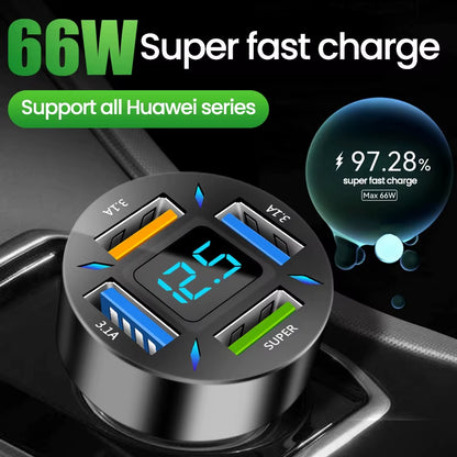 66W 4 Ports USB Car Charger Fast Charging PD Quick Charge 3.0 USB C Car Phone Charger Adapter for Iphone 13 12 Xiaomi Samsung